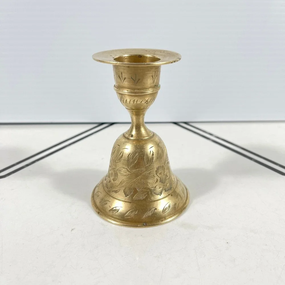 Vintage Etched Brass Bell Candle Holder Floral Hand‎ Engraved Made in India